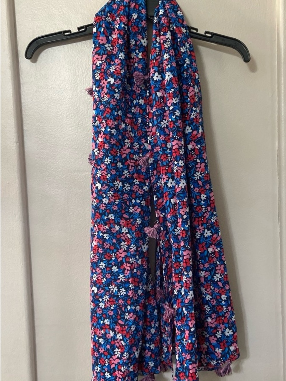 Lands' End Blue Floral Tassel Scarf with Pink, White & Red Accents